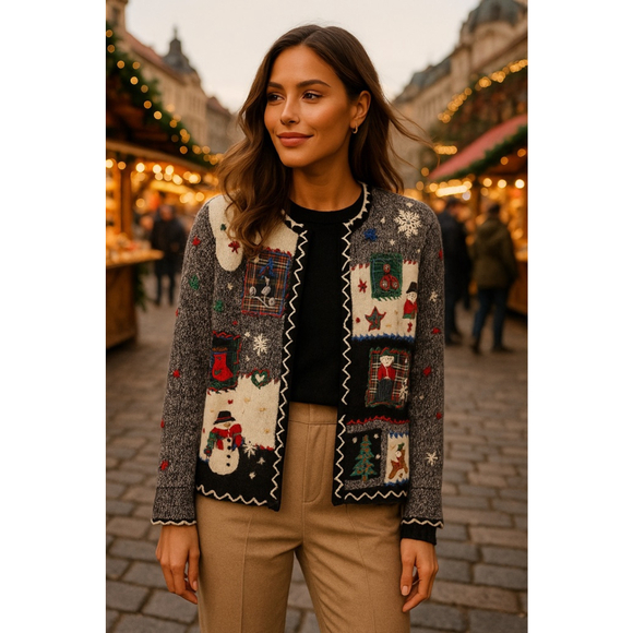 Vintage America Sweaters - Vintage Christmas Patchwork Cardigan Quiet Luxury Holiday Cottagecore L